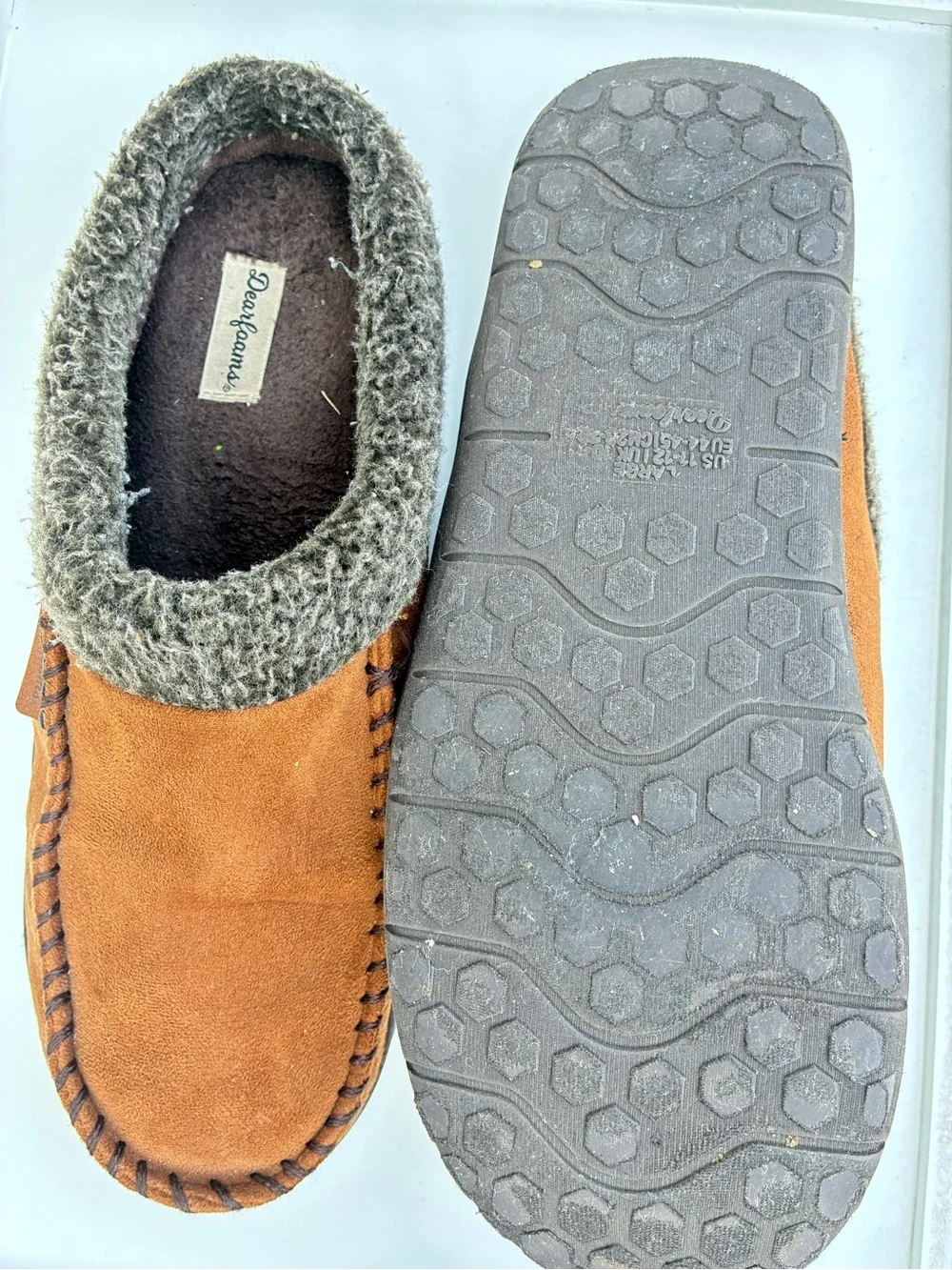 dearfoams Chestnut Suede Moccasin Slippers with Gray Knit Collar